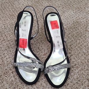 Strapped black and silver heels